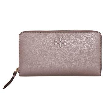 TORY BURCH 浮雕LOGOㄇ型拉鍊長夾附鍊條證件夾－紫藕灰