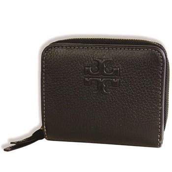 TORY BURCH 牛皮皮革浮雕logo拉鍊短夾－黑