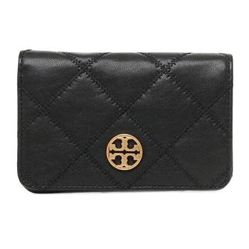 TORY BURCH 菱格紋羊皮皮革金屬圓標LOGO中夾－黑