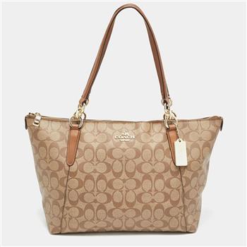 COACH 滿版LOGO皮革托特包-卡其駝色