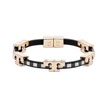 TORY BURCH 黑白格皮革T字金屬LOGO手環