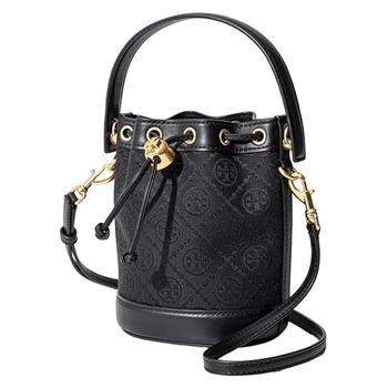 TORY BURCH 緹花織布拼接皮革束口水桶包－黑