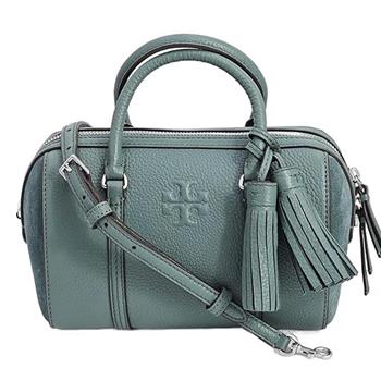 TORY BURCH 荔枝皮革拼接麂皮流蘇兩用波士頓包－莫蘭迪綠（背帶兩款可替換）