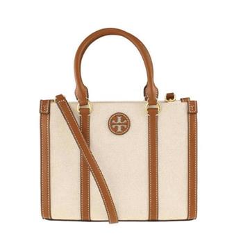 TORY BURCH 帆布牛皮飾邊兩用包－卡其白