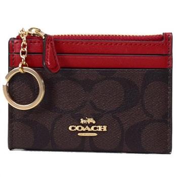 COACH 滿版LOGO拼接皮革卡片零錢包-咖紅