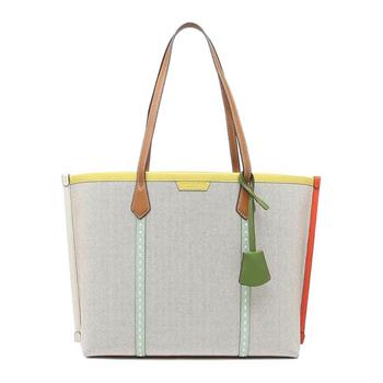 Tory burch 撞色帆布拼接皮革托特包－淺米黃邊