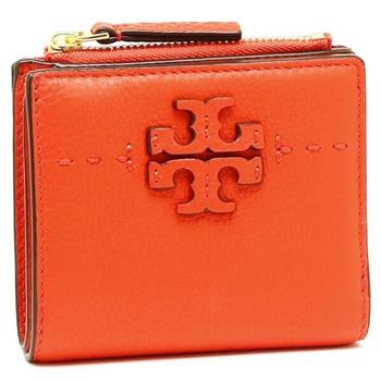 Tory burch 雙T－LOGO素面皮革短夾－粉桔