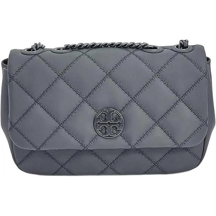 TORY BURCH 萎格紋皮革翻蓋兩用包-霧黑