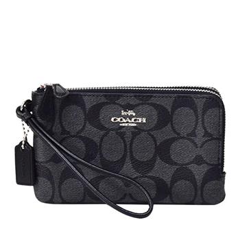 COACH 滿版LOGO皮革L型雙層手拿包-黑灰色