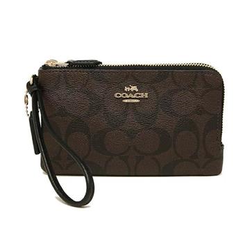 COACH 滿版LOGO皮革L型雙層手拿包-咖啡色