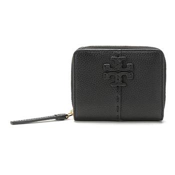 Tory burch 素面皮革拉鍊二折短夾-黑色