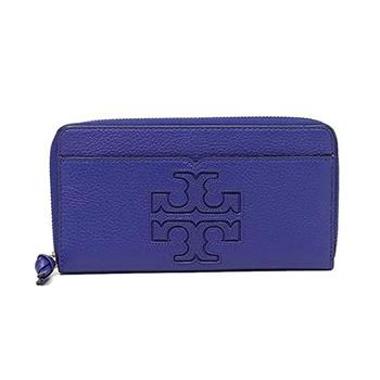 Tory burch 雙T-LOGO素面拉鍊長夾-深藍