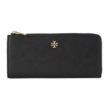 Tory burch 雙T-LOGO防刮皮革拉鍊長夾-黑色