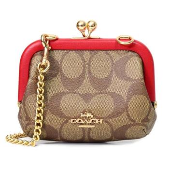 COACH 滿版LOGO皮革小廢包/ 零錢鍊包-卡其紅