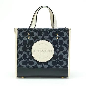 COACH 圓標LOGO牛仔拼接皮革兩用包-深藍配白