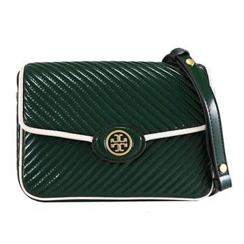 TORY BURCH 斜紋漆皮翻蓋復古風斜背包-祖母綠