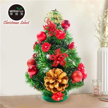 摩達客-台灣製1尺30cm精緻綠色聖誕樹+聖誕花松果雙紅系裝飾品組_免組裝_本島免運費