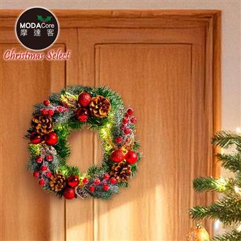 摩達客10吋冬雪系小紅莓刷白松果質感聖誕花圈福臨圈+20燈LED暖白光燈串