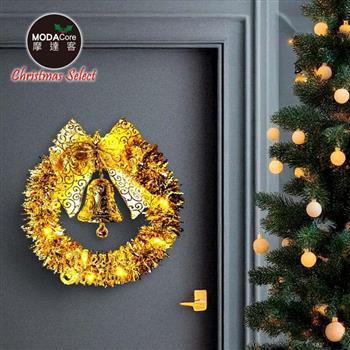 摩達客11吋璀璨金運系金蔥彎絲聖誕花圈+20燈LED暖白光燈串