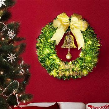 摩達客11吋時尚果綠系金蔥彎絲聖誕花圈+20燈LED暖白光燈串