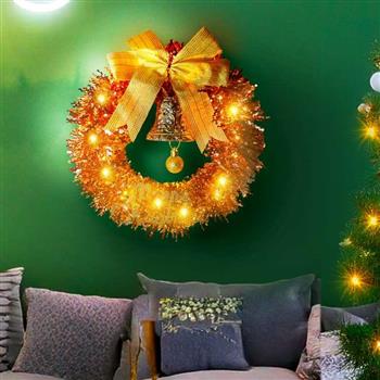 摩達客11吋優雅香檳玫金系金蔥彎絲聖誕花圈+20燈LED暖白光燈串