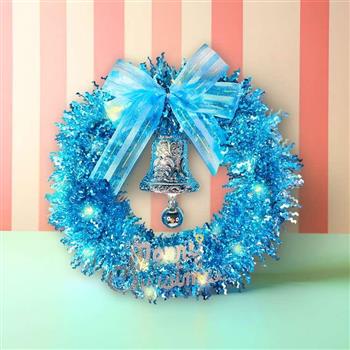 摩達客11吋夢幻土耳其藍系金蔥彎絲聖誕花圈+20燈LED暖白光燈串