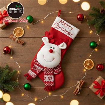 摩達客-溫暖紅白紋聖誕襪-聖誕麋鹿款-耶誕派對交換禮物