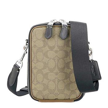 COACH 緹花布拼皮革斜背包-卡其