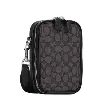 COACH 緹花布拼皮革斜背包-黑灰