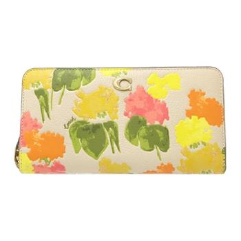 COACH 印花皮革拉鍊長夾-黃綠桔花朵