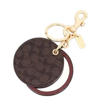 COACH 圓形皮革化妝鏡鑰匙圈/吊飾-咖啡酒紅
