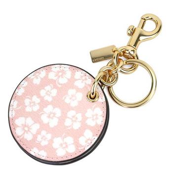 COACH 圓形印花皮革化妝鏡鑰匙圈/吊飾-粉白花朵