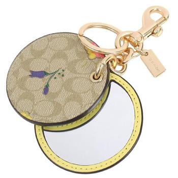 COACH 圓形印花皮革化妝鏡鑰匙圈/吊飾-淺卡其淺黃小花