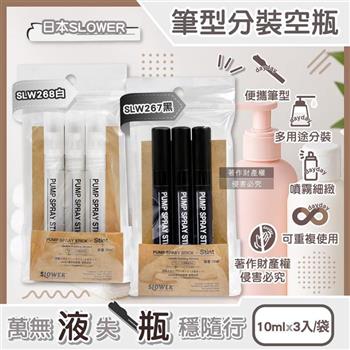 日本SLOWER-Stint多用途便攜式筆型隨身噴霧分裝空瓶10mlx3入/1袋(萬用噴瓶旅行組合包/按壓式可重複使用密封瓶/容量可登機液體用填充管)