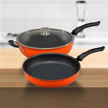 巧藝鍋航鈦備長炭遠紅外線不沾炒鍋-33cm-含蓋x1支+平底鍋-32cm-無蓋x1支