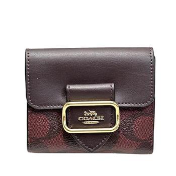 COACH 專櫃款撞色按釦短夾-咖啡酒紅