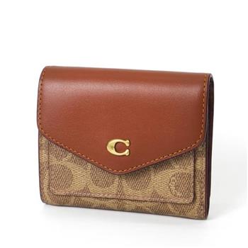 COACH 專櫃款荖花按釦撞色短夾-駝棕酒紅