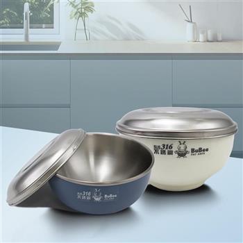 豆豆316不鏽鋼隔熱碗-附不鏽鋼蓋-14cm-莫蘭迪藍x1入+白色x1入