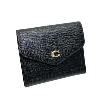 COACH 專櫃款十字紋素色按釦短夾-黑色