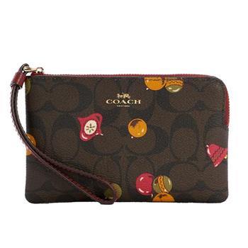 COACH 印花皮革L型拉鍊手拿包-咖啡紅