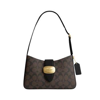 COACH 滿版LOGO肩背包-咖啡黑