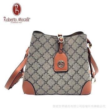 【義大利Roberto Mocali】經典方格斜/側背水桶包(小)棕駝RM-89853