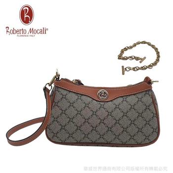 【義大利Roberto Mocali】經典方格斜/側背吊飾手拿包(小)棕駝RM-89851送短鍊帶