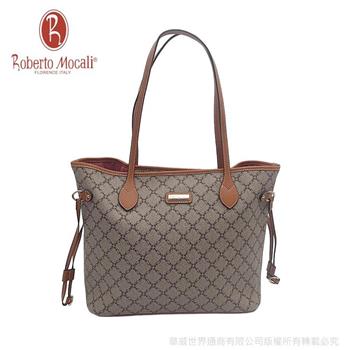 【義大利Roberto Mocali】經典方格托特包(大)棕駝RM-89855 可放A4文件包