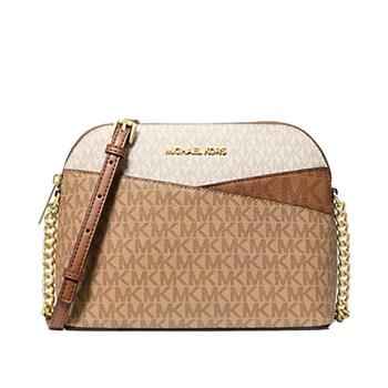 MICHAEL KORS 撞色滿版LOGO造型斜背包-摩卡撞色