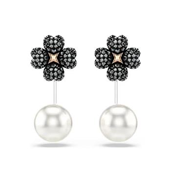 SWAROVSKI 黑色水晶幸運草珍珠耳環