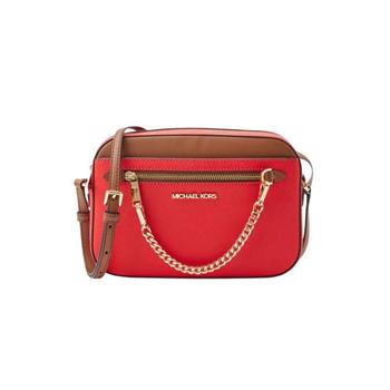 MICHAEL KORS Jet Set 經典防刮鍊條造型斜背包-紅/駝撞色