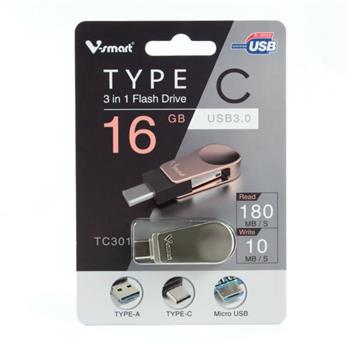 V－SMART TC301 三合一TYPE C OTG 隨身碟－16GB 霧銀【金石堂、博客來熱銷】