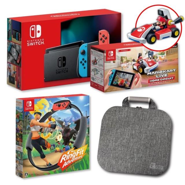 【Nintendo 任天堂】Switch紅藍主機+《瑪利歐家庭賽車場+健身環》+《收納包+貼》