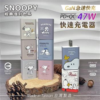 【正版授權】SNOOPY史努比 經典復刻色系 鳳梨酥系列 47W GaN氮化鎵 PD+QC雙孔充電頭/充電器